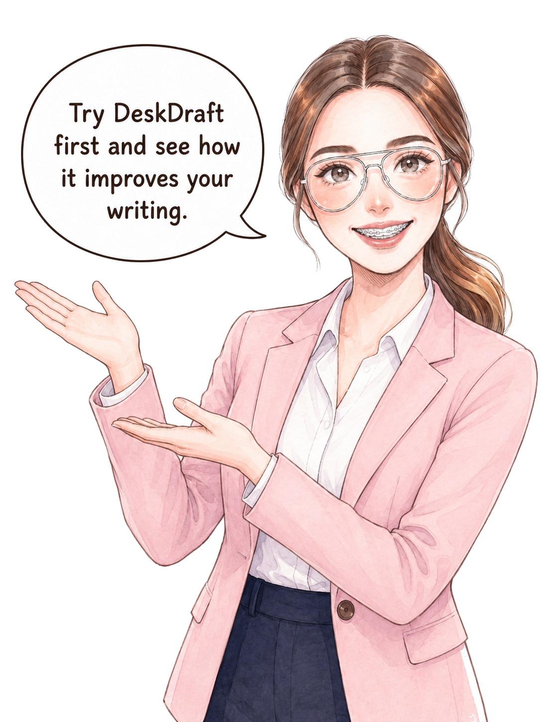Comic guide inviting visitors to try DeskDraft and see how it improves their writing.