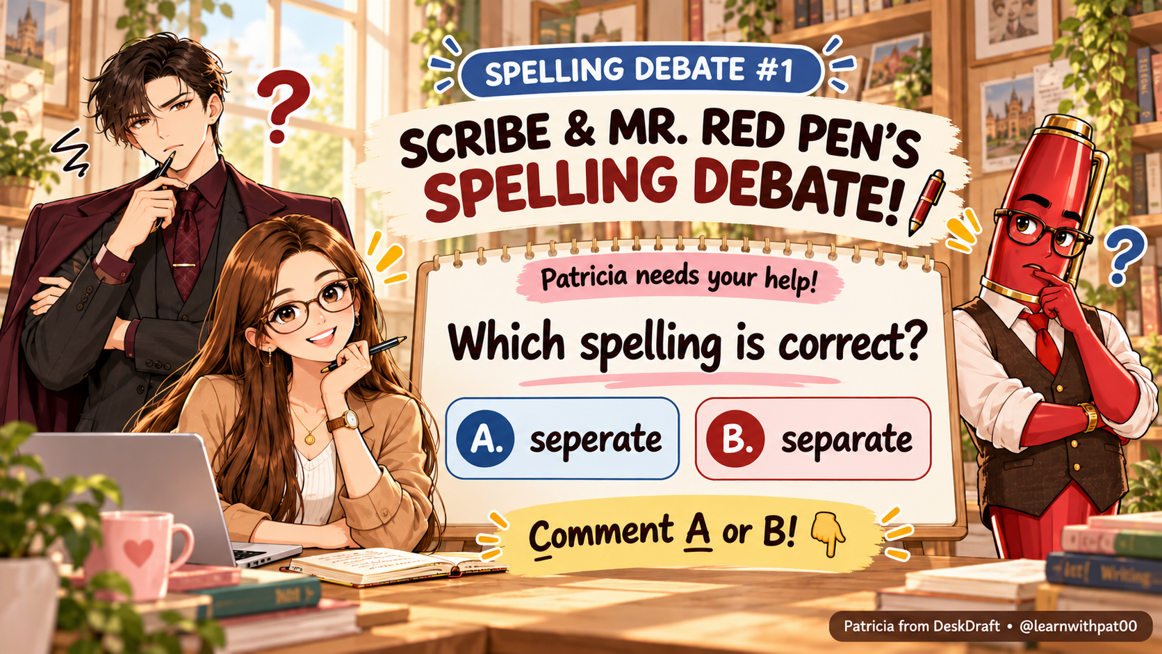 Spelling Debate #1: Patricia, Scribe, and Mr. Red Pen ask readers to choose between seperate and separate. The original DeskDraft watermark is visible.