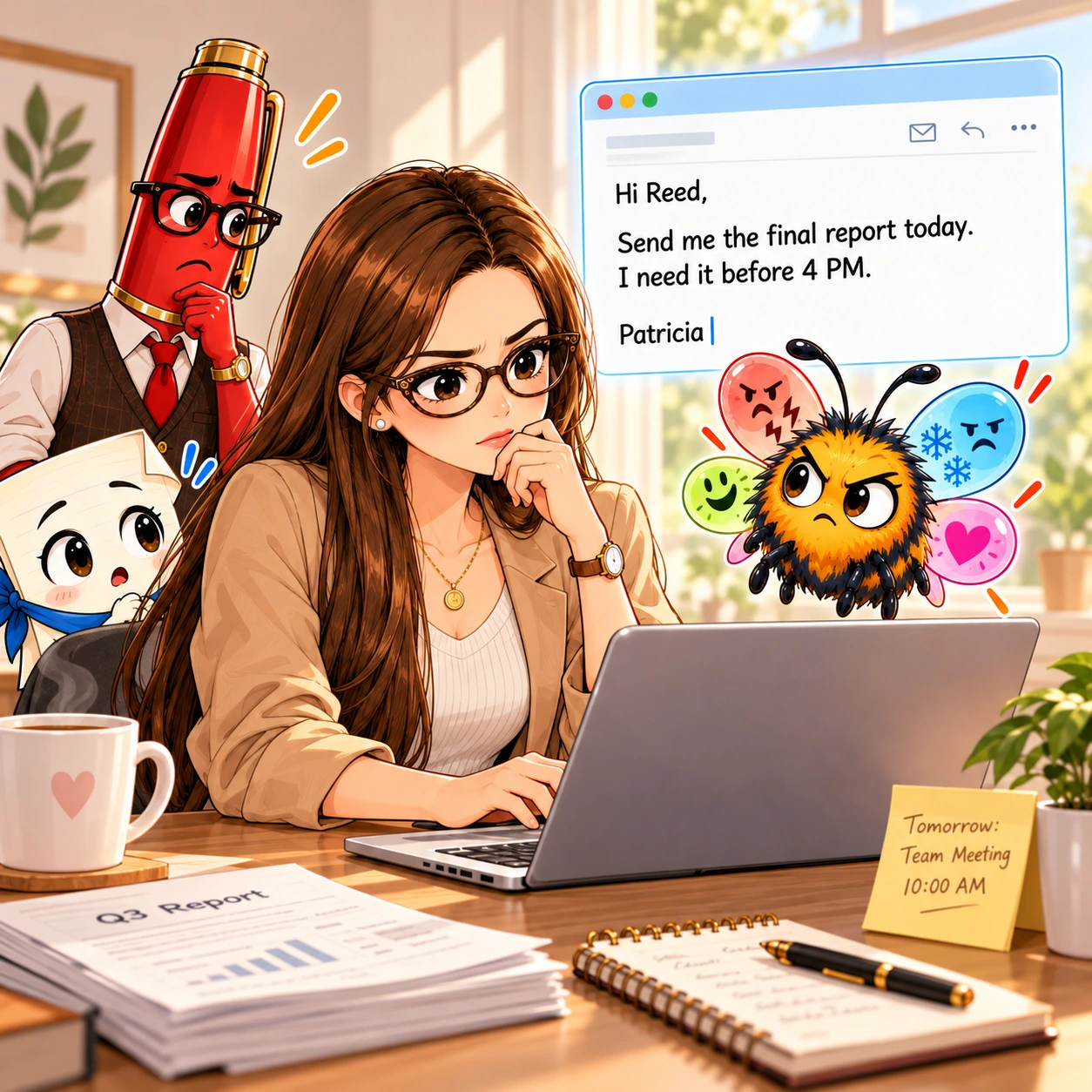 Patricia drafting her first email before the deadline