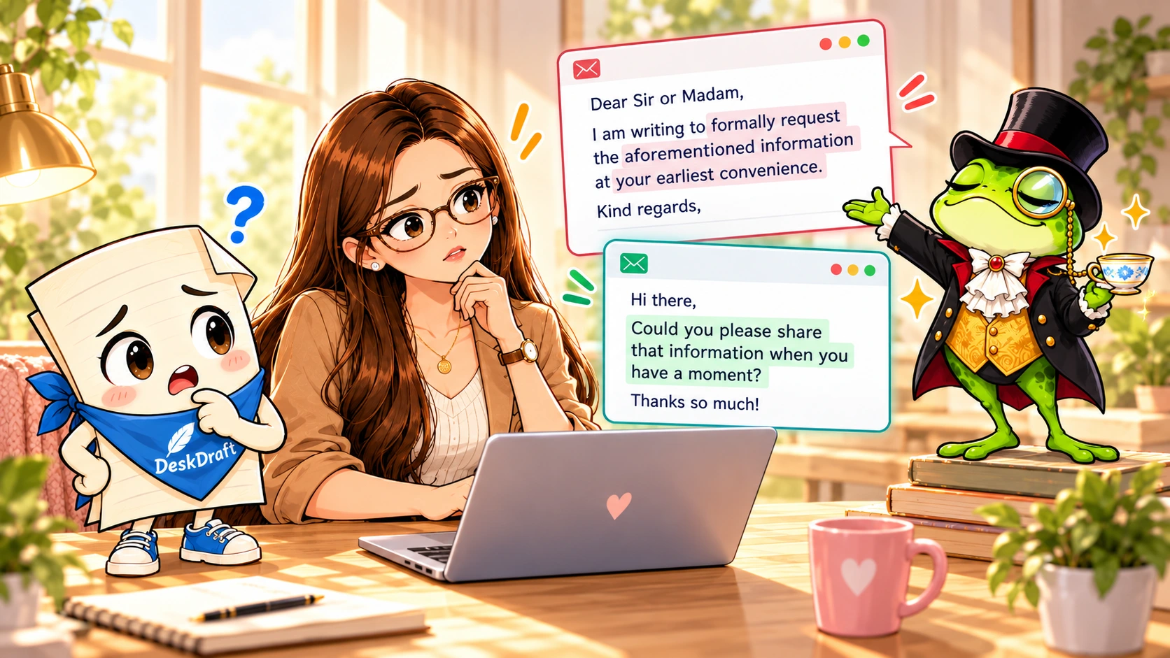Formality Frog joins Patricia, Draft, and Paige at the café